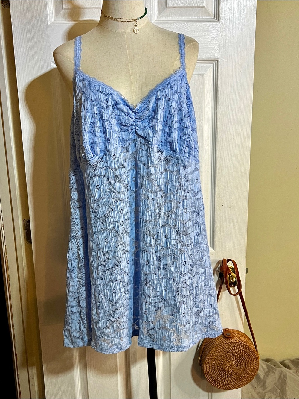 Aerie Off Shore Lace Sheer Blue Mesh Nightie Indie Sleaze Festival Mini Dress XL - Picture 5 of 14